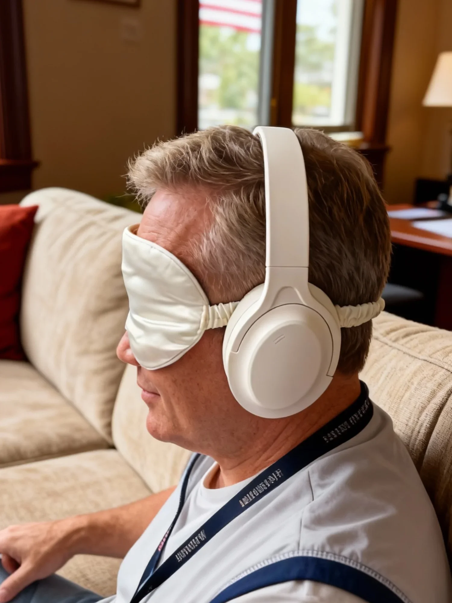 Man resting on couch with DreamPhones and sleep mask